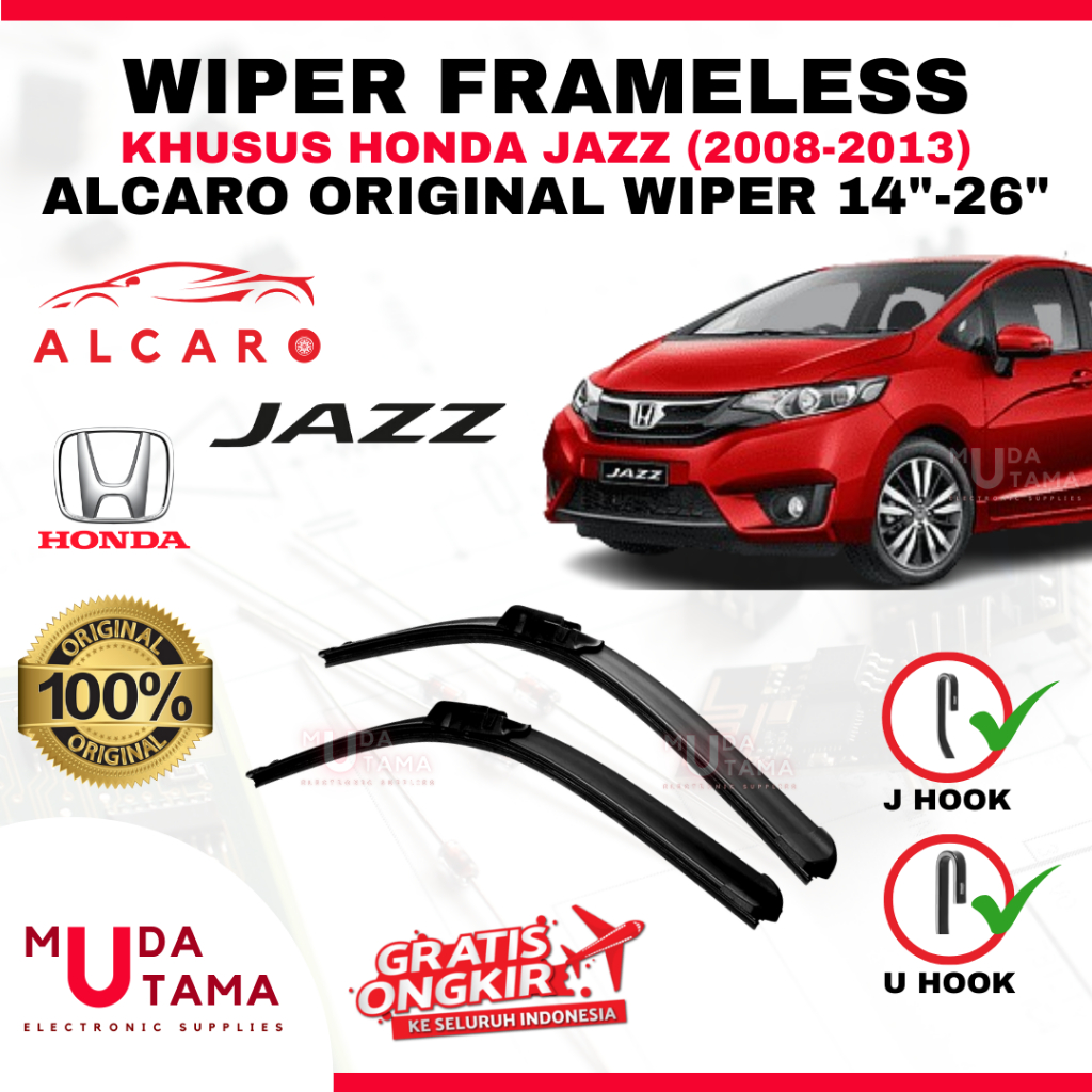 Wiper Frameless JAZZ 2008 s/d 2013 Original Alcaro - Sapu Kaca JAZZ - Wiper JAZZ Frameless - Wiper F