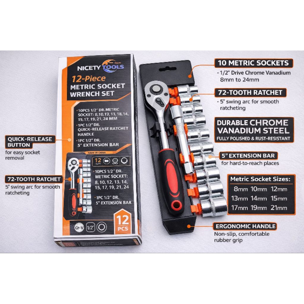Kunci Shock Set 12 pcs 1/2 inch besar / Socket Wrench Stainles Kunci Sok ring pas