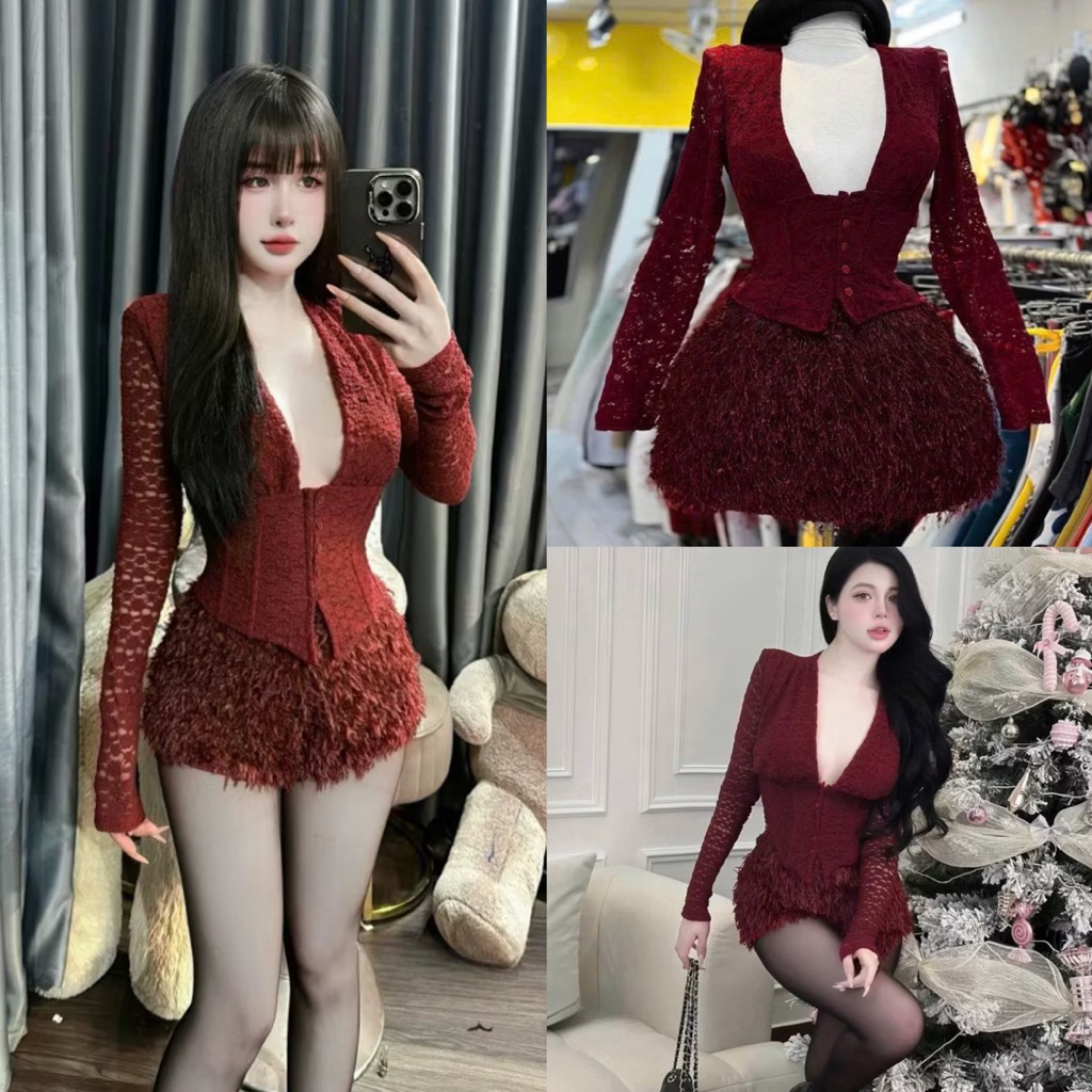 ONESET ATASAN LACE BRUKAT BKK + ROK PENDEK BULU FURRY PREMIUM IMPORT SET BANGKOK READY