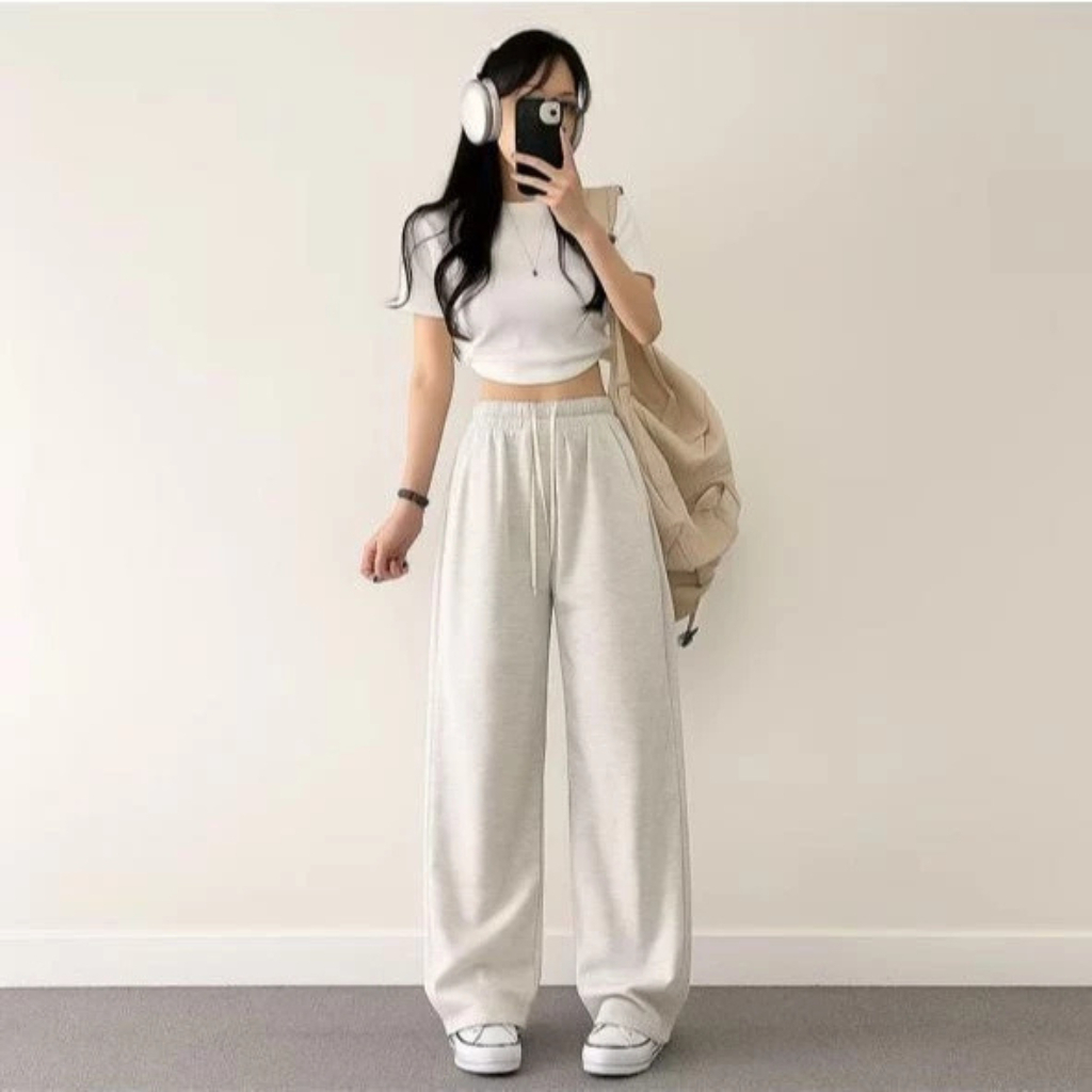 Loose Pants Basic Cewek Celana Training Oversized Longgar Pria Wanita Bahan Katun Flacee Korean Styl