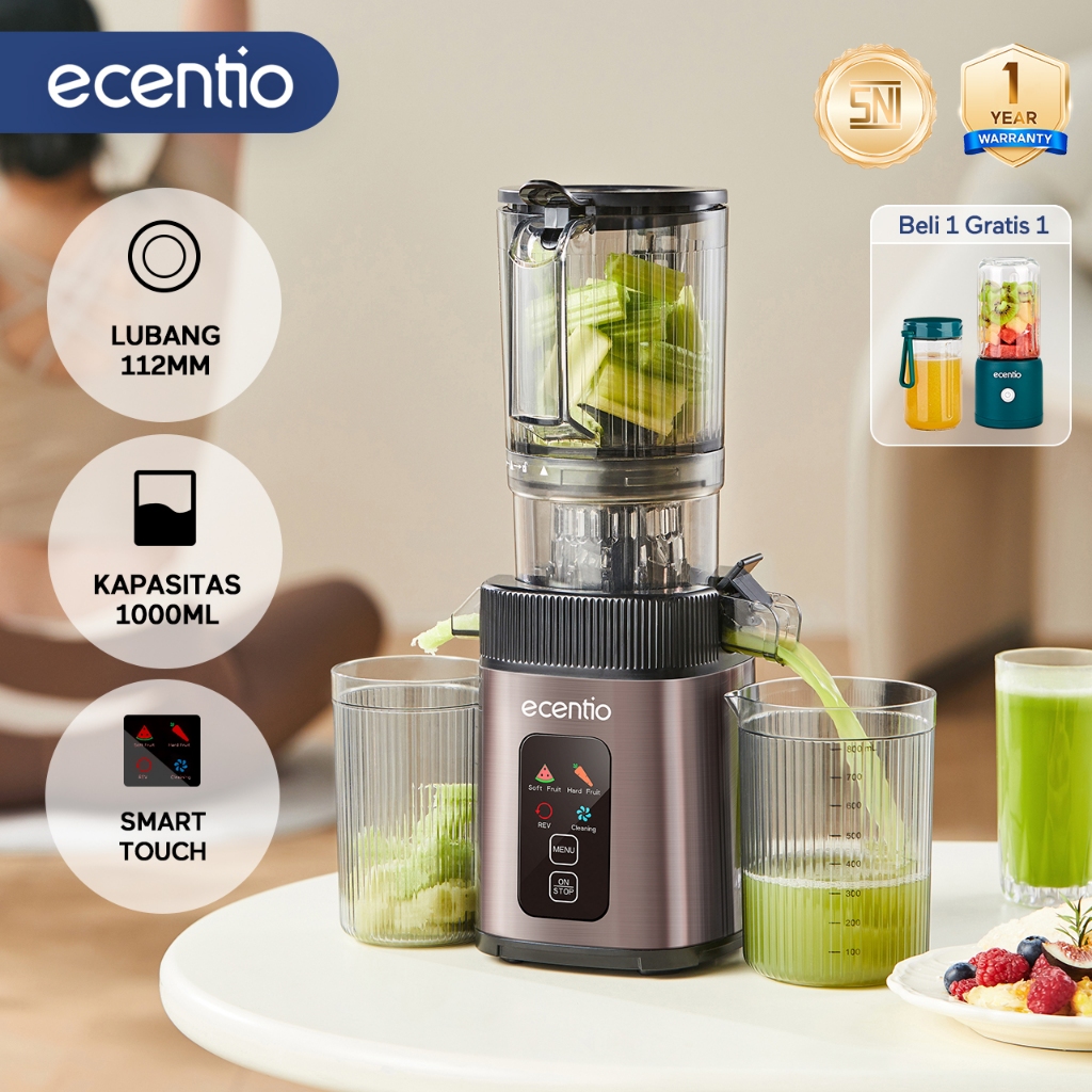 ecentio Juicer Extractor Slow 99% - Mesin Pembuat Jus Sehat 1000ml, Sistem Antioksidan, Desain Premi