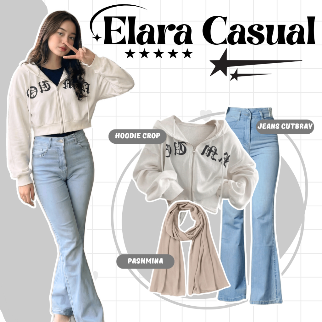 One Set Wanita Remaja | Hoodie Sweater, Celana Jeans Cutbray, Pashmina | Setelan Outfit Wanita, OOTD