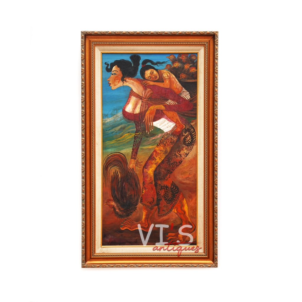 Lukisan Hendra Gunawan Gendong Anak Oil On Canvas Antik Kuno