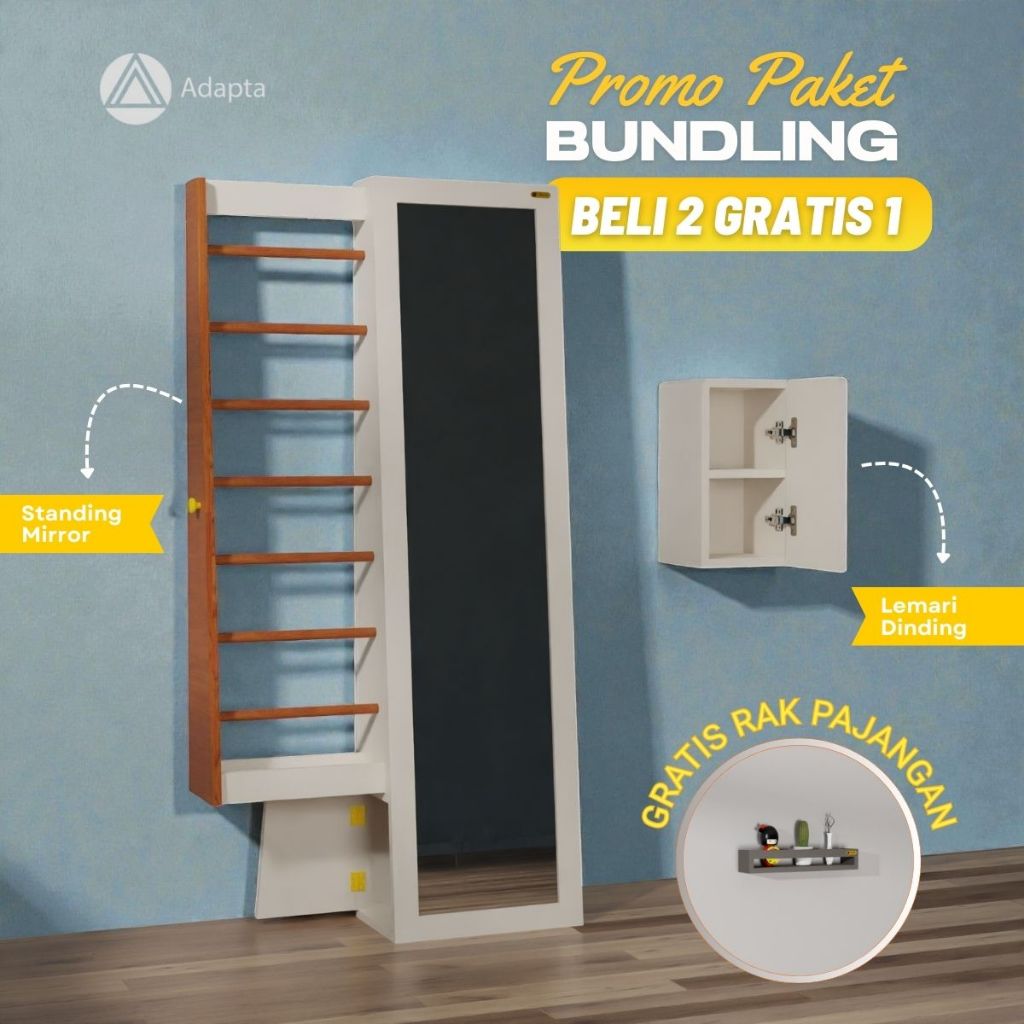 Adapta-Standing Mirror Cermin Full Body Rak Hijab - Lemari Mini Tempel Dinding