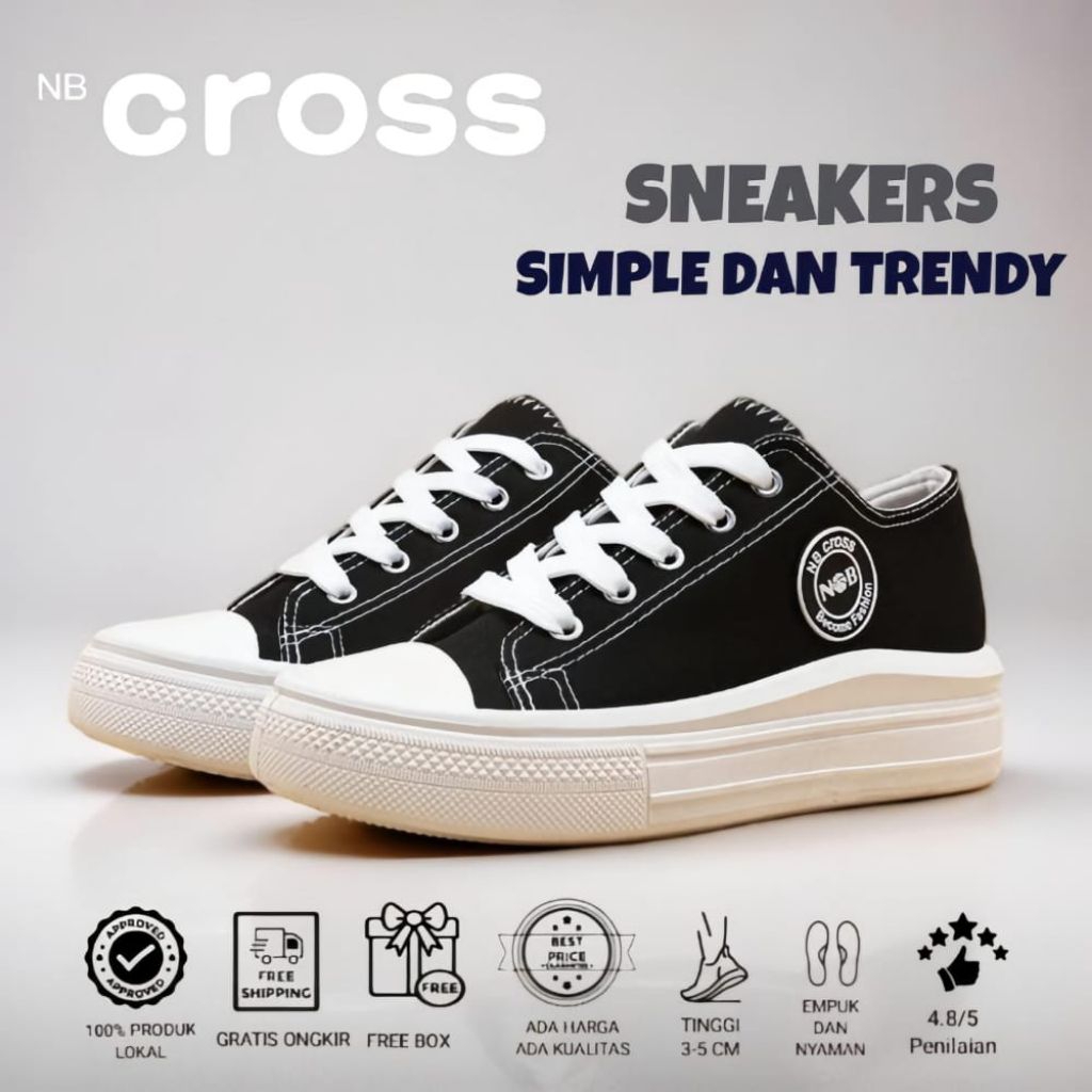 NB CROSS Sepatu Sneakers Sport Kasual Sepatu Sekolah Multifungsi Sepatu Hitam Putih Tali Pria Wanita