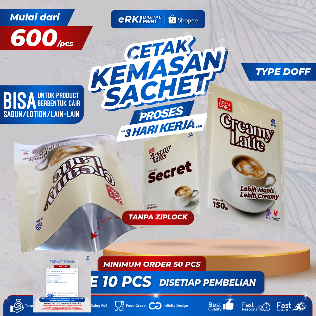 KEMASAN SACHET DOFF CUSTOM/ TANPA ZIPLOCK - ERKI PRINTING