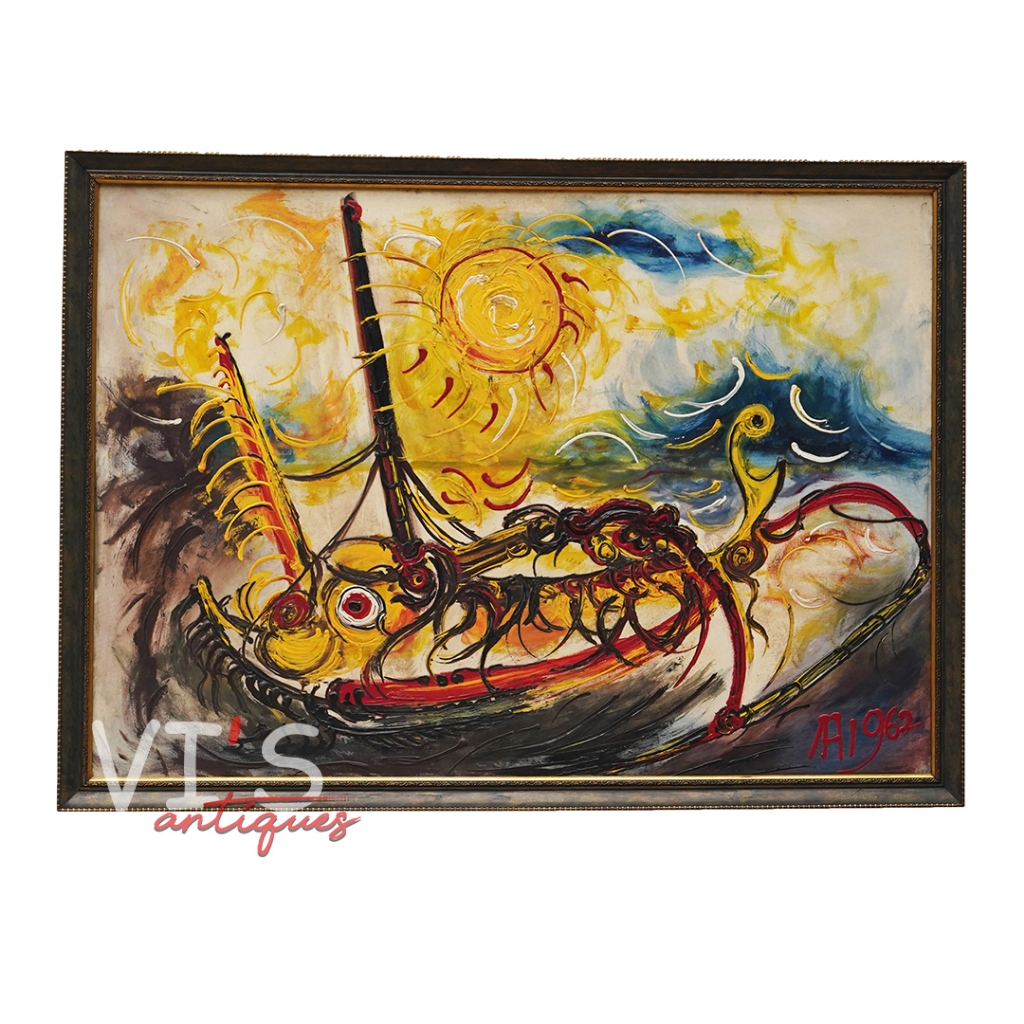 Lukisan Affandi Perahu dan Matahari '62 Oil On Canvas Antik Kuno