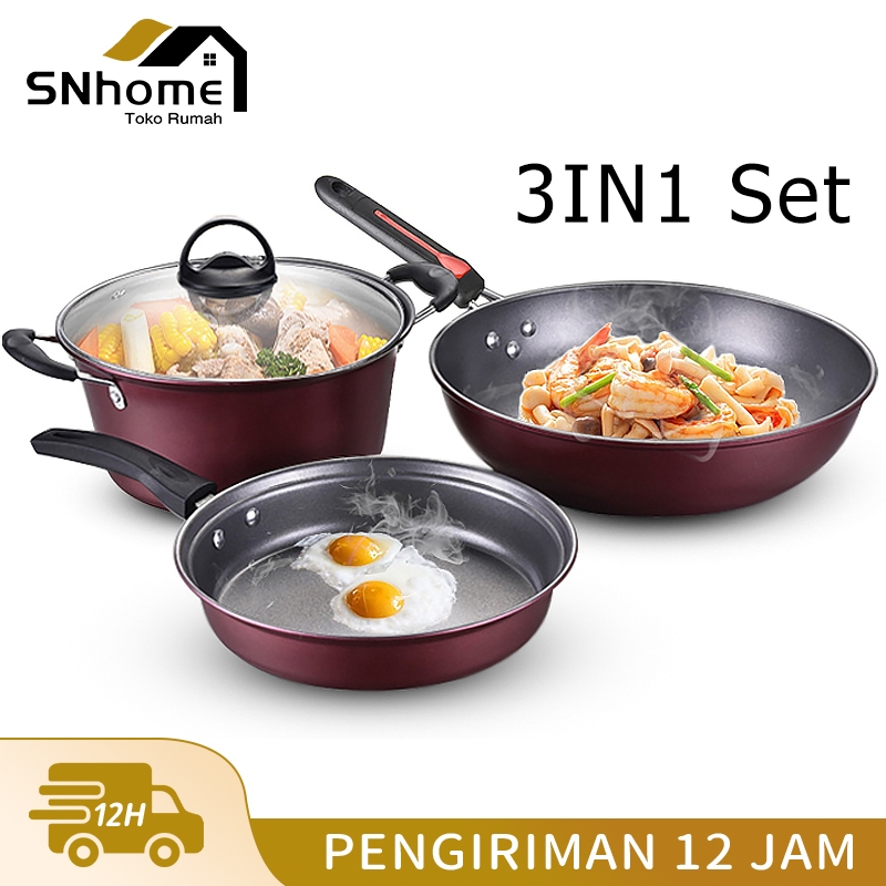 [COD] Set Panci 3 in 1 Anti Lengket Berisi Tutup Kaca Set Panci Peralatan Masak Anti Lengket
