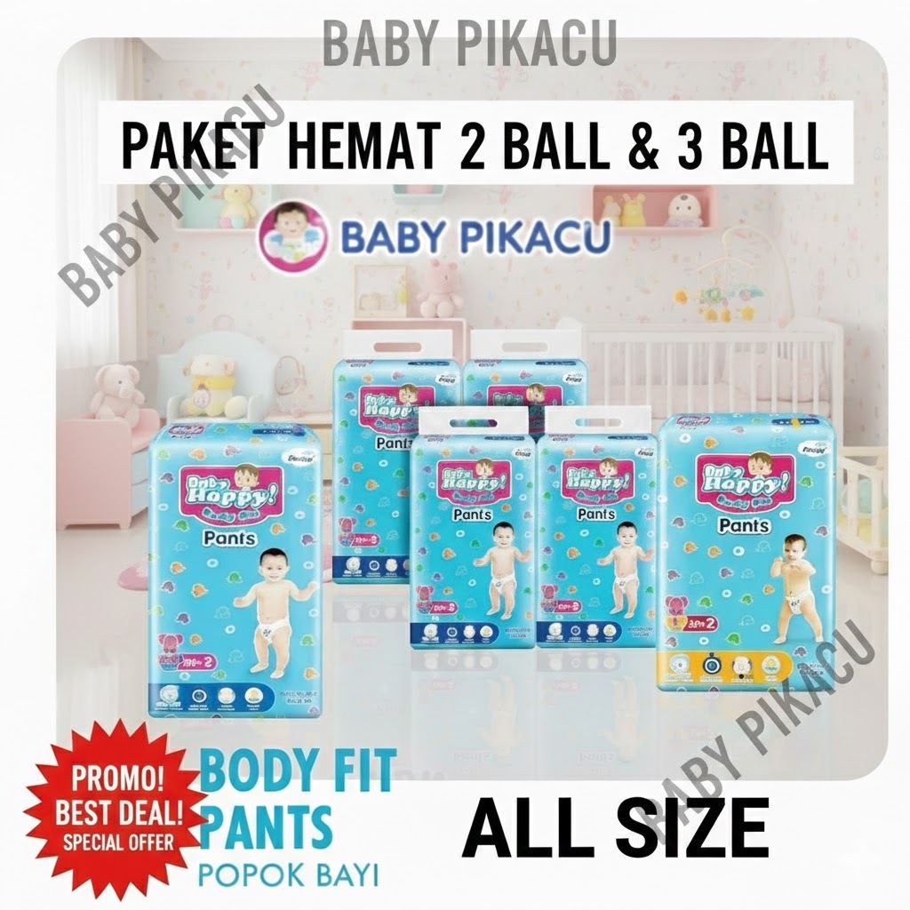 [2 BALL] [3 BALL] BABY HAPPY Popok Bayi Celana S38|M32|L28|XL26|XXL24 Daya Serap Cepat, Anti Bocor