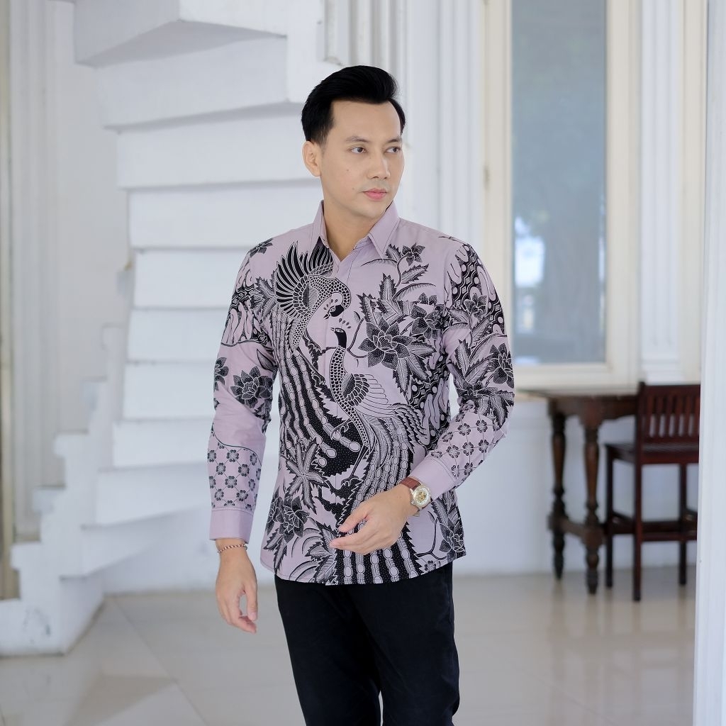 batik pria SLIMFIT motif RANGKONG rose gold mouve Kemeja batik pria lengan panjang pendek bahan katu