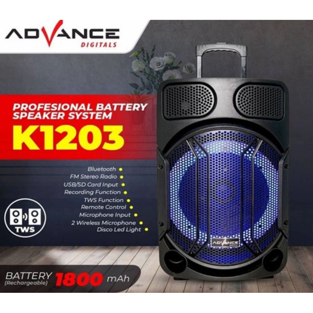 SPEAKER ADVANCE PORTABLE K1203 (12inchi) free mic 2 bergaransi resmi