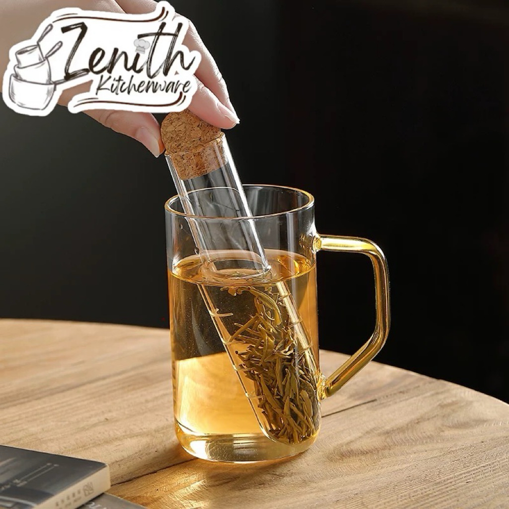 TABUNG INFUSER TEH KACA TEBAL TAHAN PANAS DENGAN TUTUP GABUS/ SARINGAN TEH DAUN & HERBAL REUSABLE