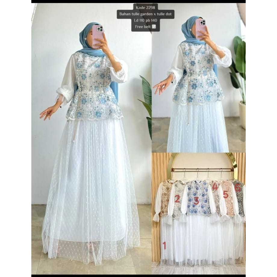 2298 bunga. Gamis lapis Tile / busana muslimah wanita / gamis putih / dress muslim / dress kekinian 