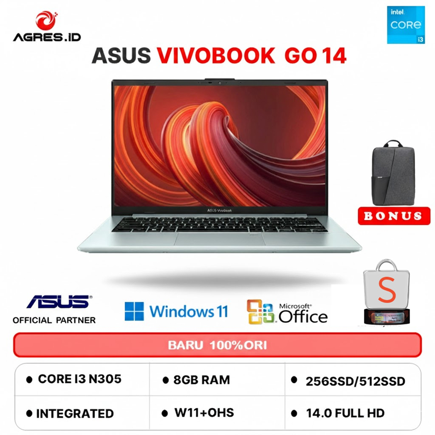 ASUS VIVOBOOK GO 14 E1404GA I3 N305 - RAM 8GB 256GB W11+OHS 14.0FHD-VIPS3822M