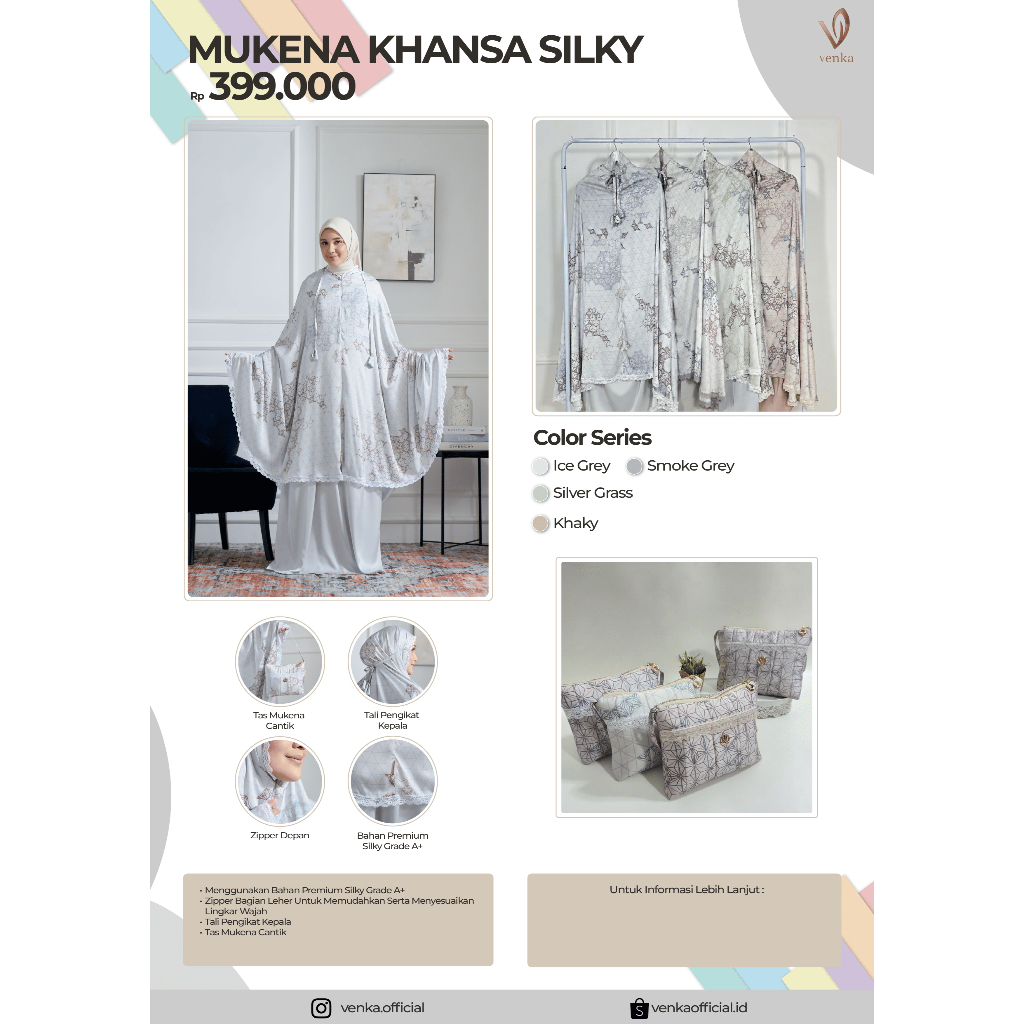 VENKA - MUKENA KHANSA SILKY PREMIUM GRADE A+ PRAYER SET