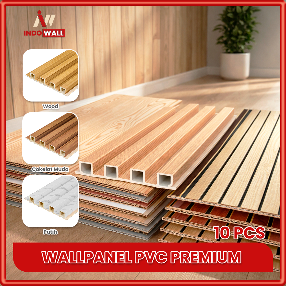 PAKET 10 BATANG WPC Wall Panel Dekorasi Dinding |  Wood Panel PVC 3 Meter / 2.95Meter - IndoWall