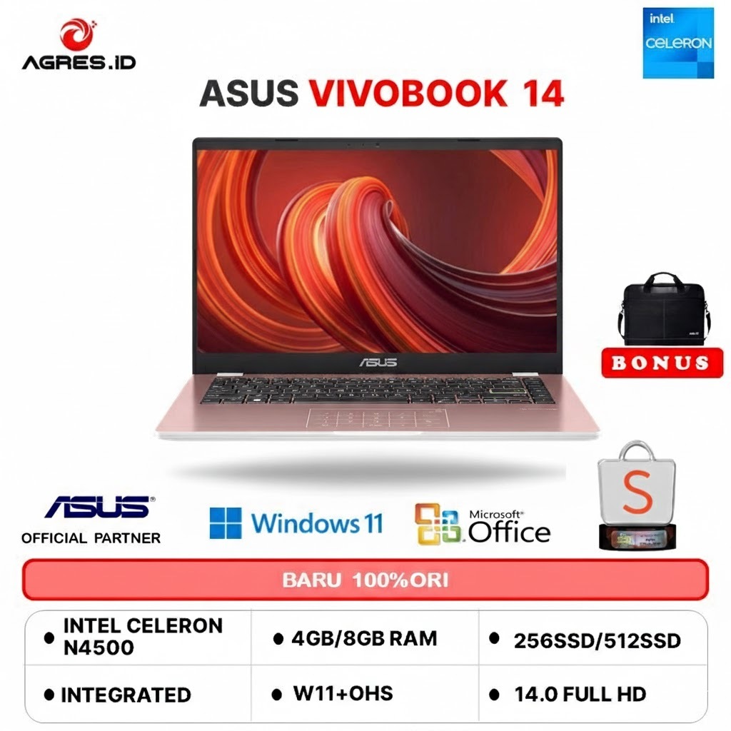 ASUS VIVOBOOK GO E410KA N4500 8GB 256GB W11+OHS+O365 14.0FHD PNK -FHD4822M