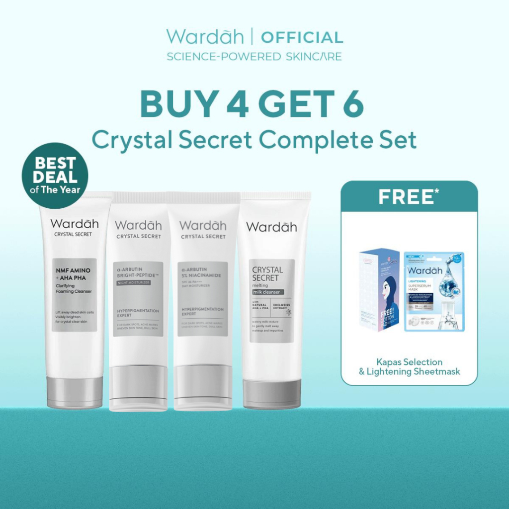 WARDAH Paket Crystal Secret Lengkap - NMF Amino + AHA PHA Clarifying Foaming Cleanser 100 ml, a-Arbu