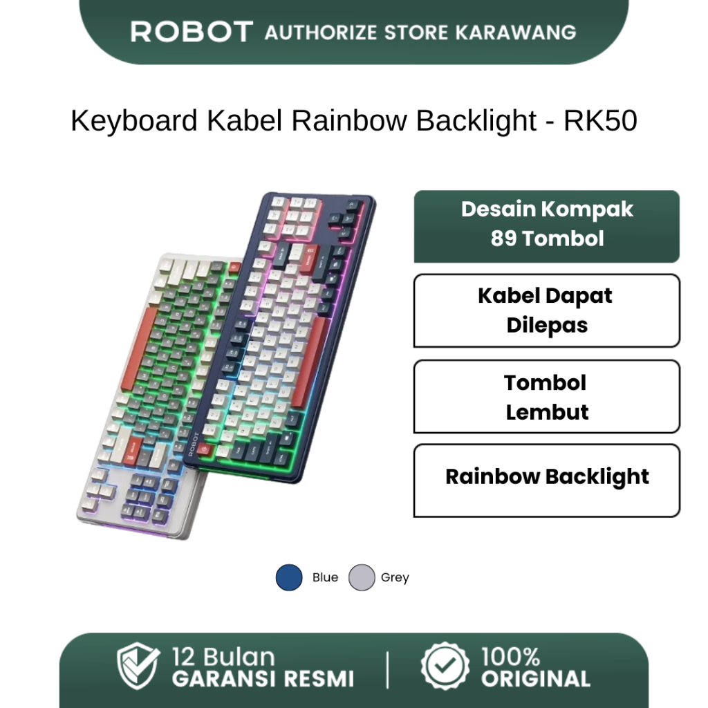 ROBOT Wired Keyboard Kabel Rainbow Backlight Type-C 89 Tombol Kompak Lembut Senyap Ergonomic Design 