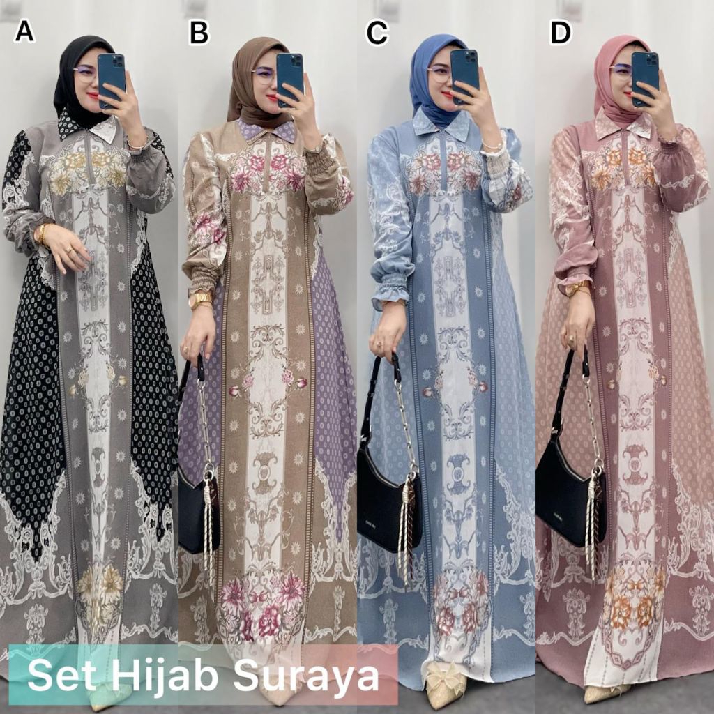 GAMIS SET HIJAB SURAYA BAHAN CERUTY BABYDOLL LD 110 BUSUI FRIENDLY