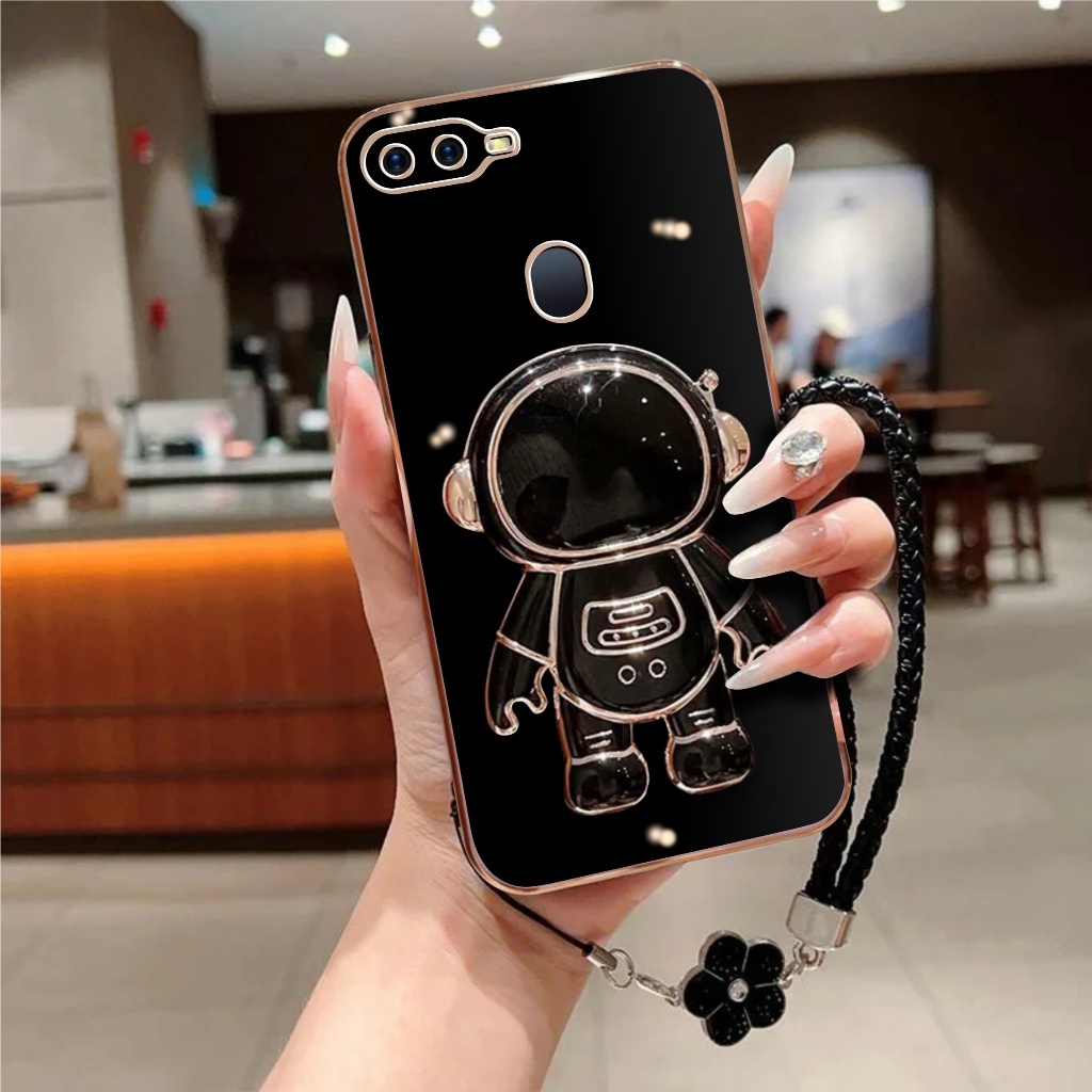 Soft Case Oppo A5s A7 F9 A12 Luxury Plating Astronot Holder Free Tali Bunga Lanyard Premium