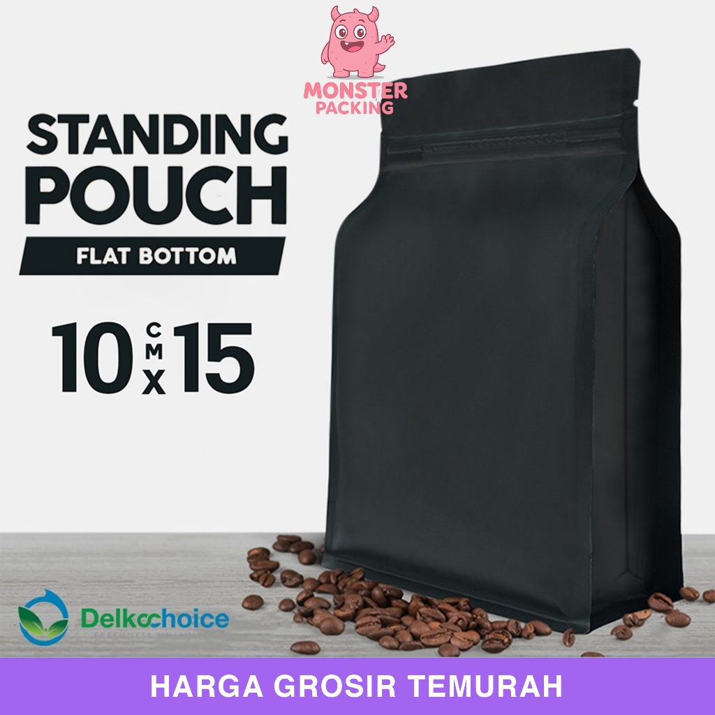 STANDING POUCH ZIPLOCK METALIZE HITAM FLAT BOTTOM DELKOCHOICE 10X15