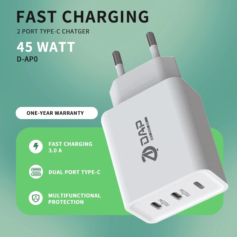 DAP D-AP0 Adaptor Fast Charging PD 45 Watt Dual Output Type C & Type C charger