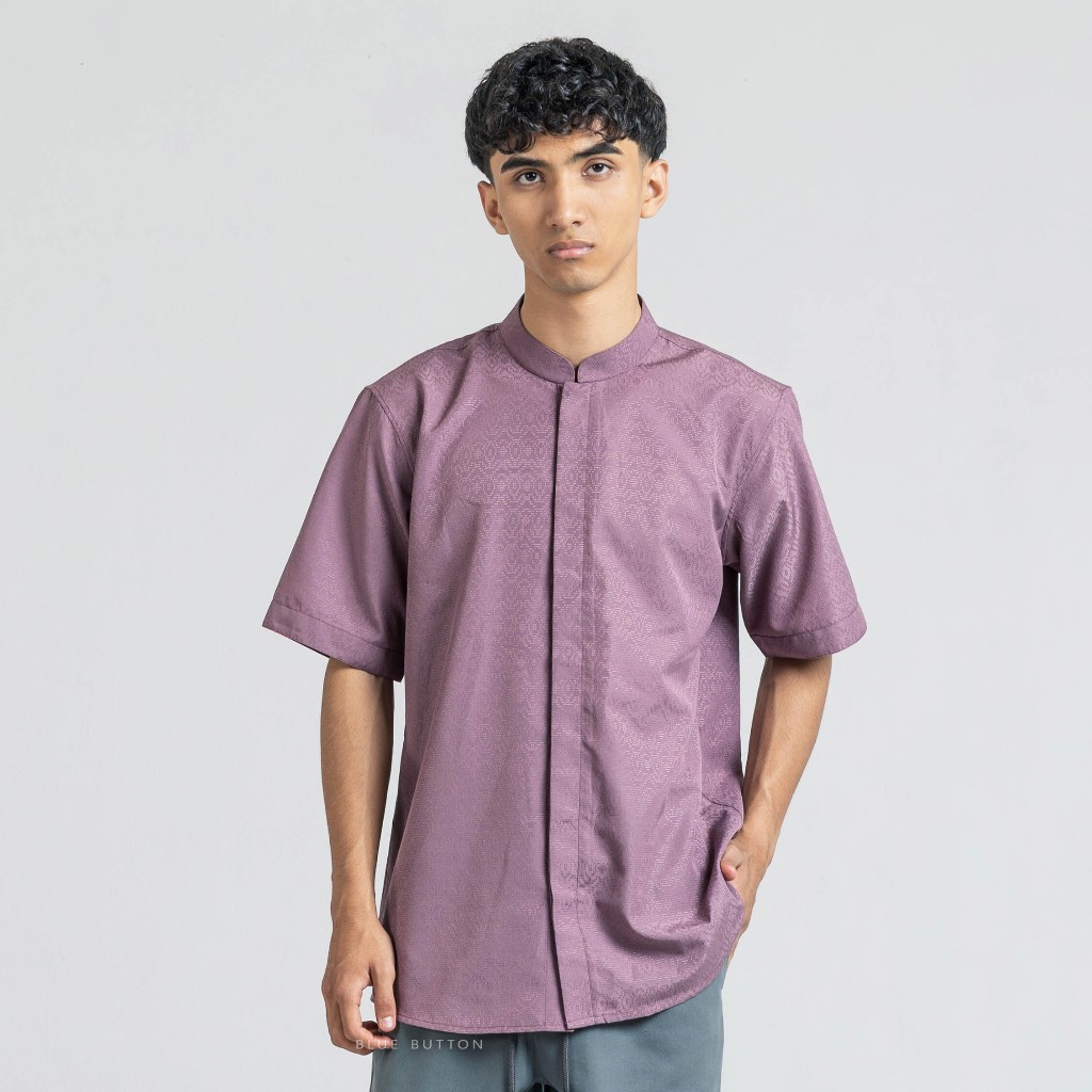 BLUEBUTTON Kemeja Koko Pendek Pria Kemeja Koko Pria Kerah Shanghai Mauve