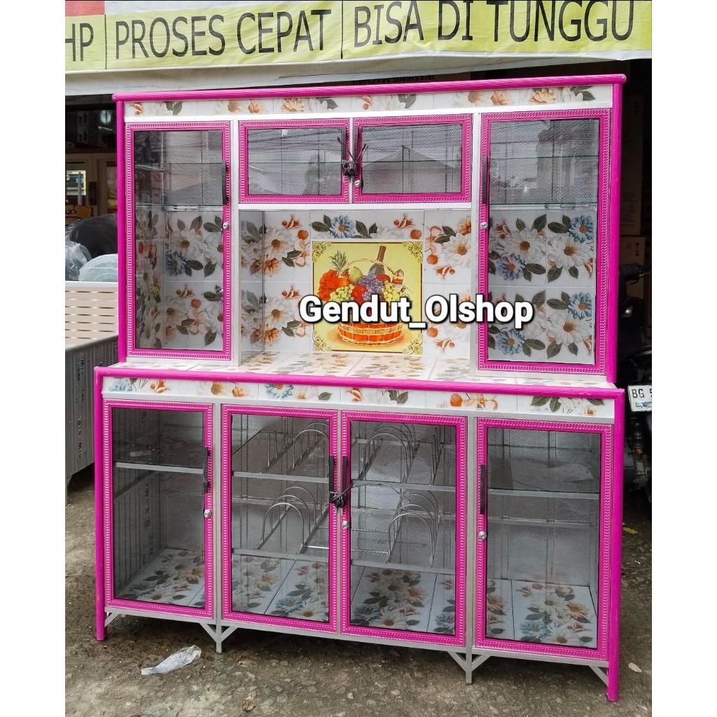 (Khusus Wilayah Kota Palembang) Lemari Rak Piring 4pintu 6keramik Kaca Transparan, Rak Piring 6keram