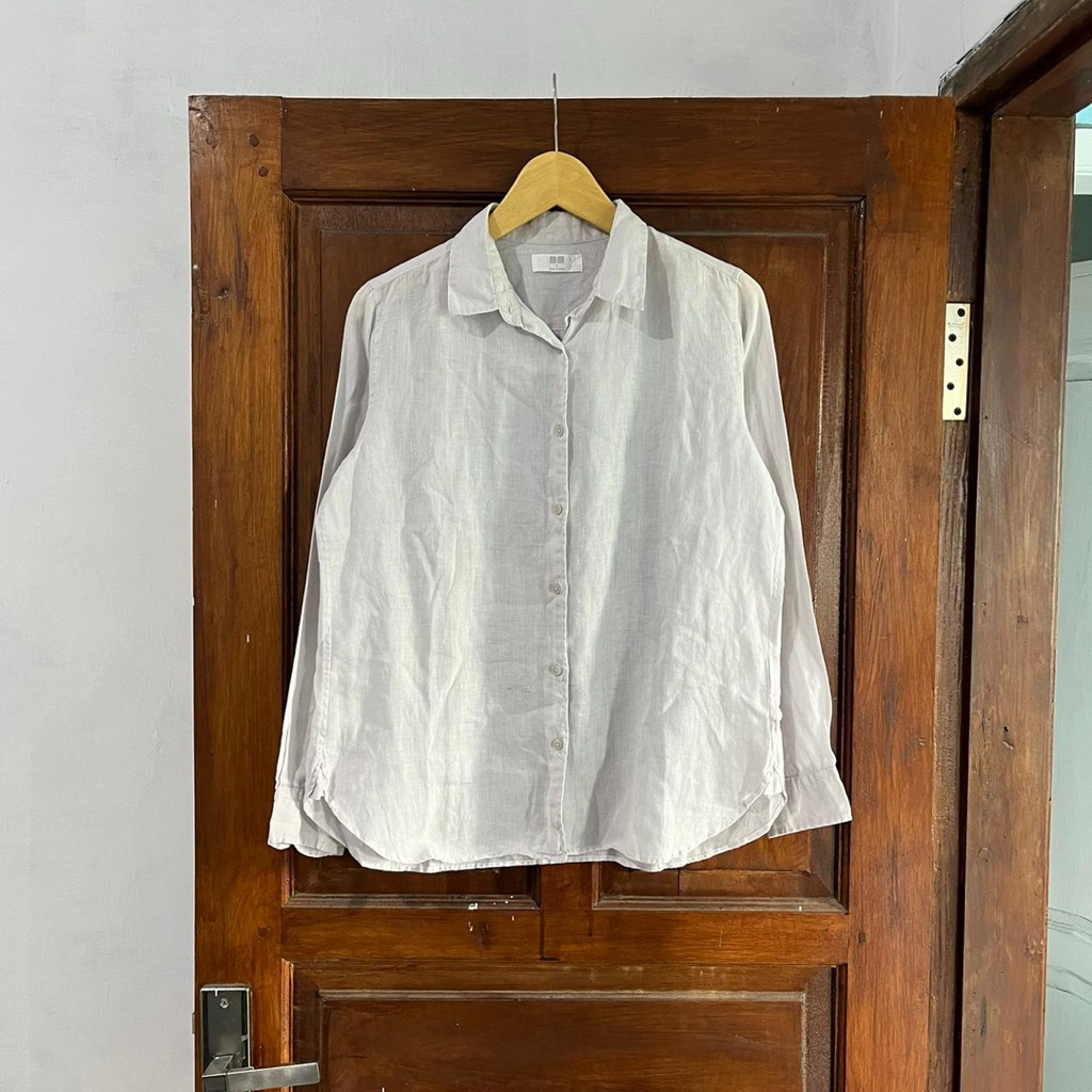 [M-L] Uniqlo Linen Shirt Long Sleeve I Ungu Pucet I P (65) x LD (52)
