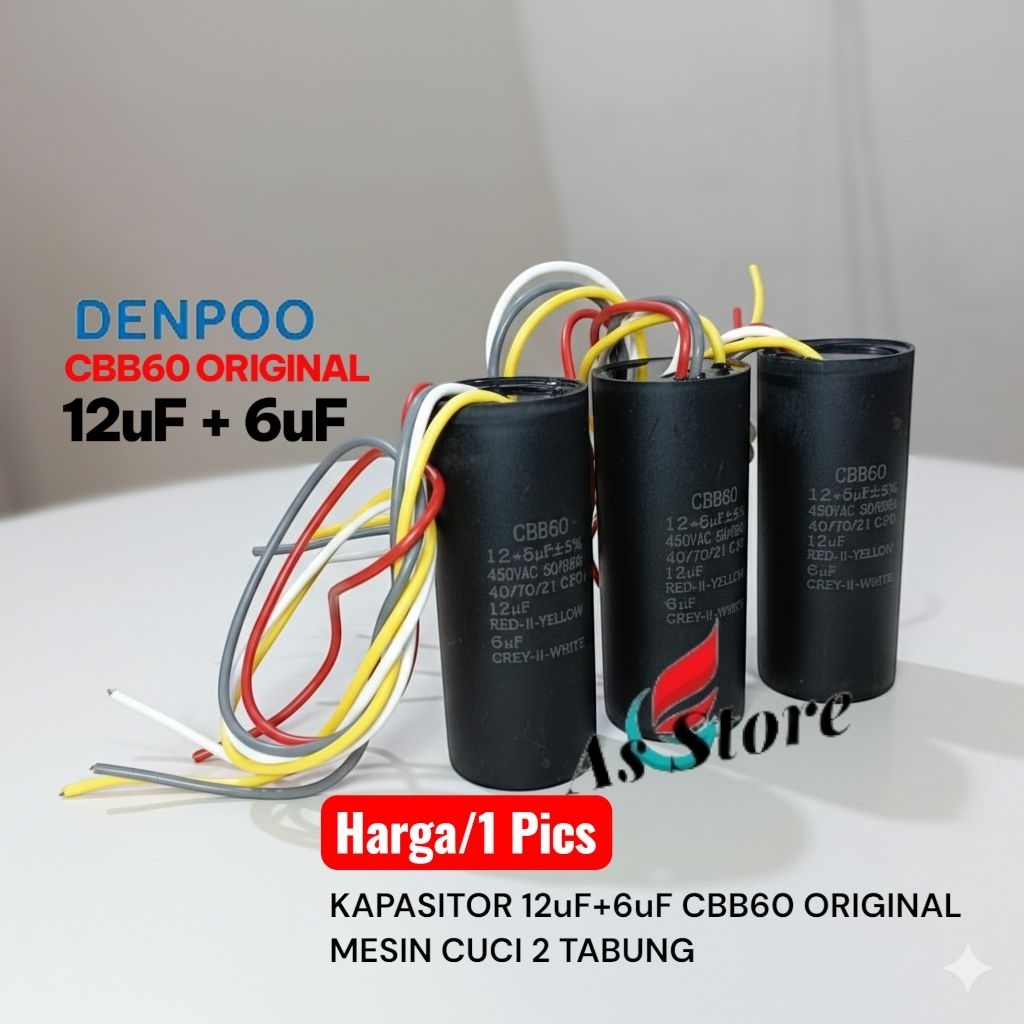 Kapasitor 12uF+6uF CBB60 ORIGINAL/Kapasitor Mesin cuci Denpoo 2 Tabung/Capacitor