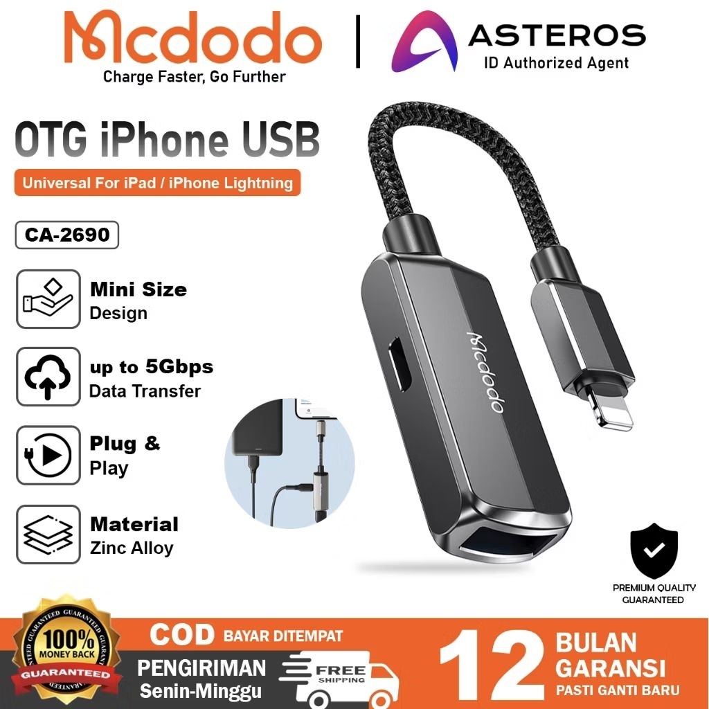Mcdodo Adapter OTG Lightning to USB 3.0 Flashdisk Hardisk Converter iPhone 14 13 12 11 480Mbps Data 