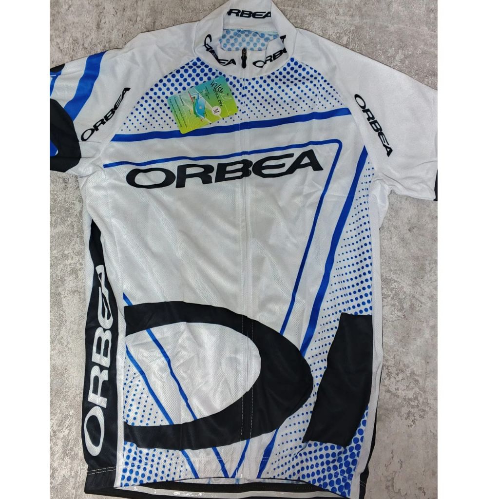 Jersey Sepeda Orbea Putih Motif Dot Biru