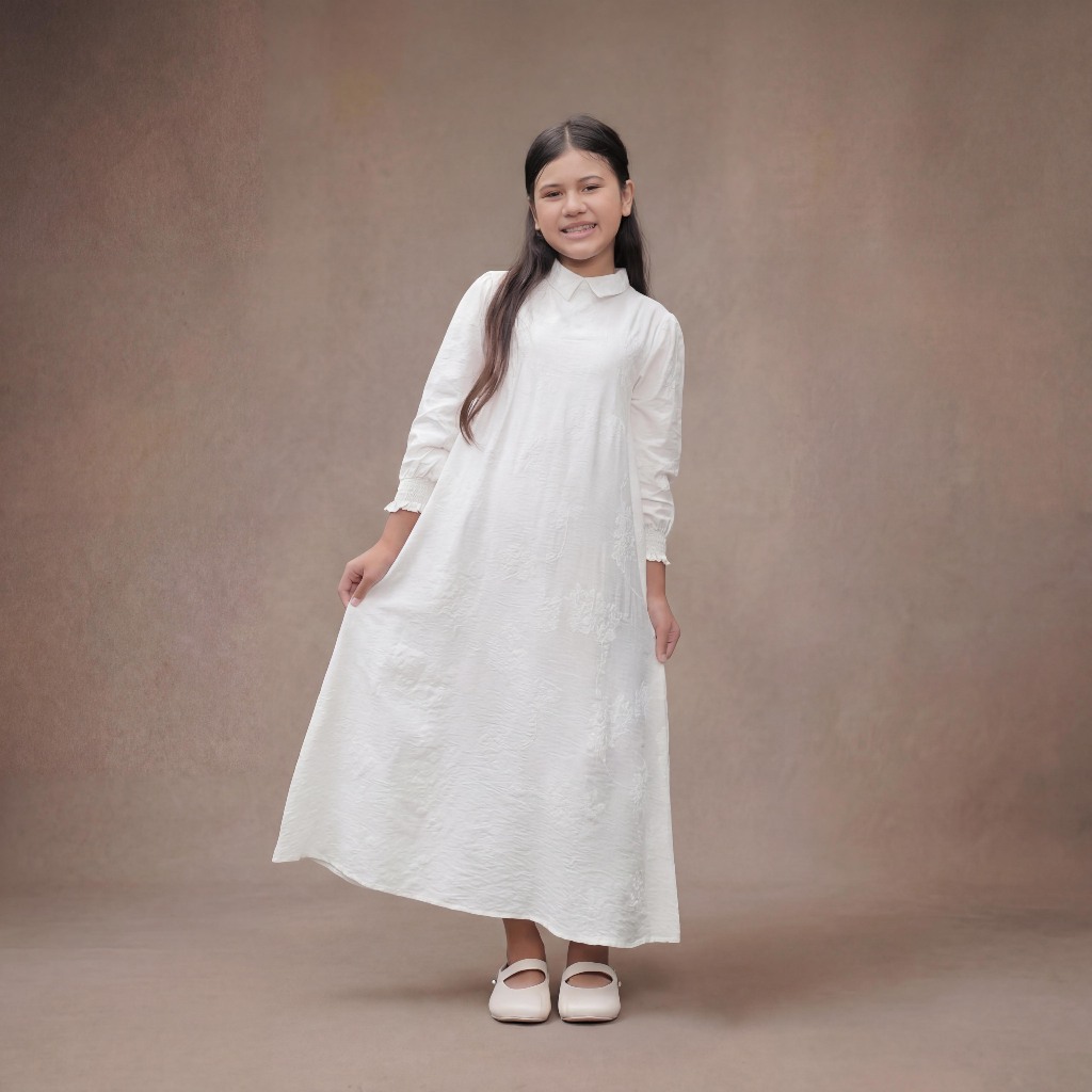 H SOCIETY Aliqa Gamis Anak Putih Mewah  Polo Linen Emboss Premium Dress Muslim Anak Broken White Can