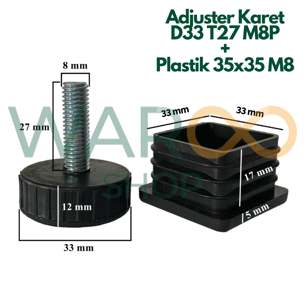 Adjuster Karet Alas Kaki Stabil Meja Kursi Sofa Besi Baut M8 D33 T27 + Plastik Besi Hollow 35x35 M8 