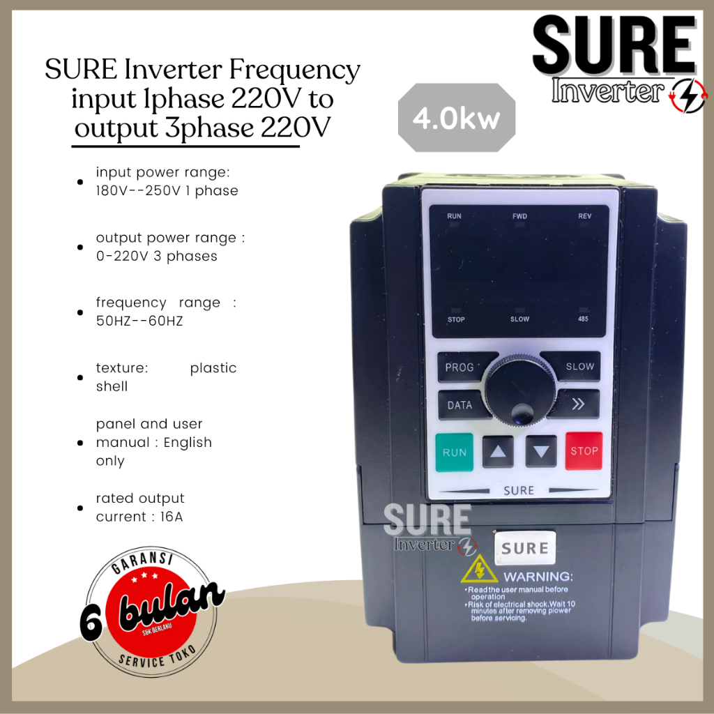 Inverter Frequency VFD SURE 4.0KW 220V Single Phase Input TO 3PHASE 220V Output