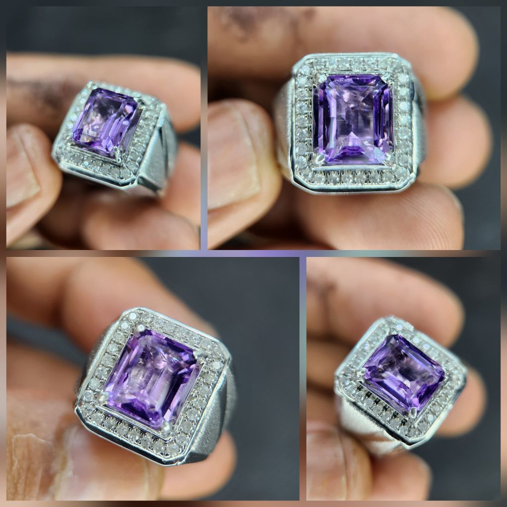 cincin pria mata utama kecubung mix berlian eropah asli natural