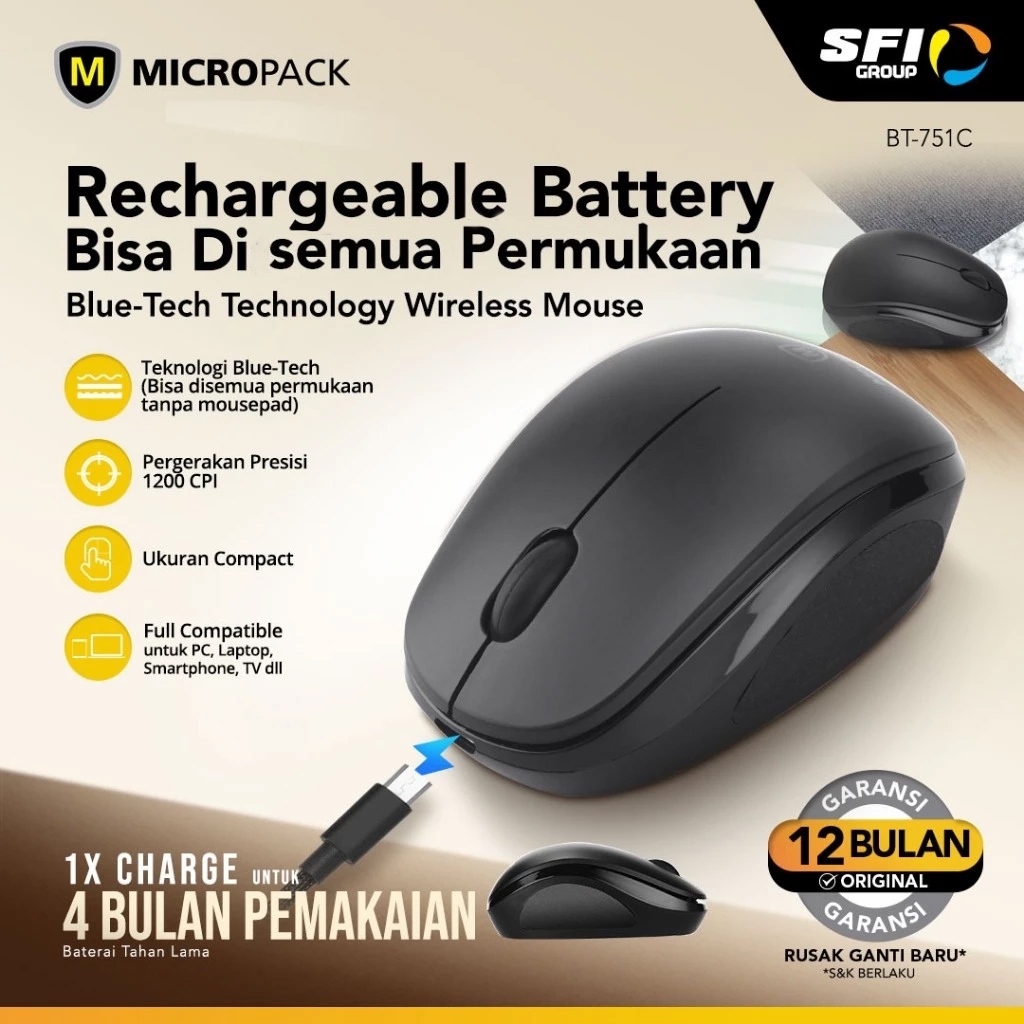 Micropack Mouse BlueTech Wireless - Any Surface - Rechargeable - BT-751C