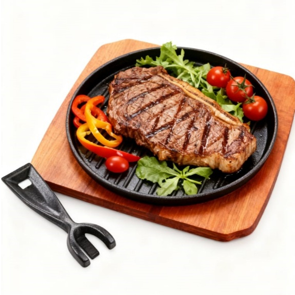 Home Line Cast Iron Skillet Hot Plate Bulat Panggang BBQ Steak Tatakan Kayu