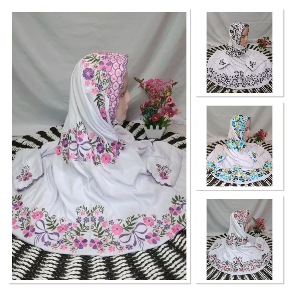 mukena terusan warna putih motif bunga