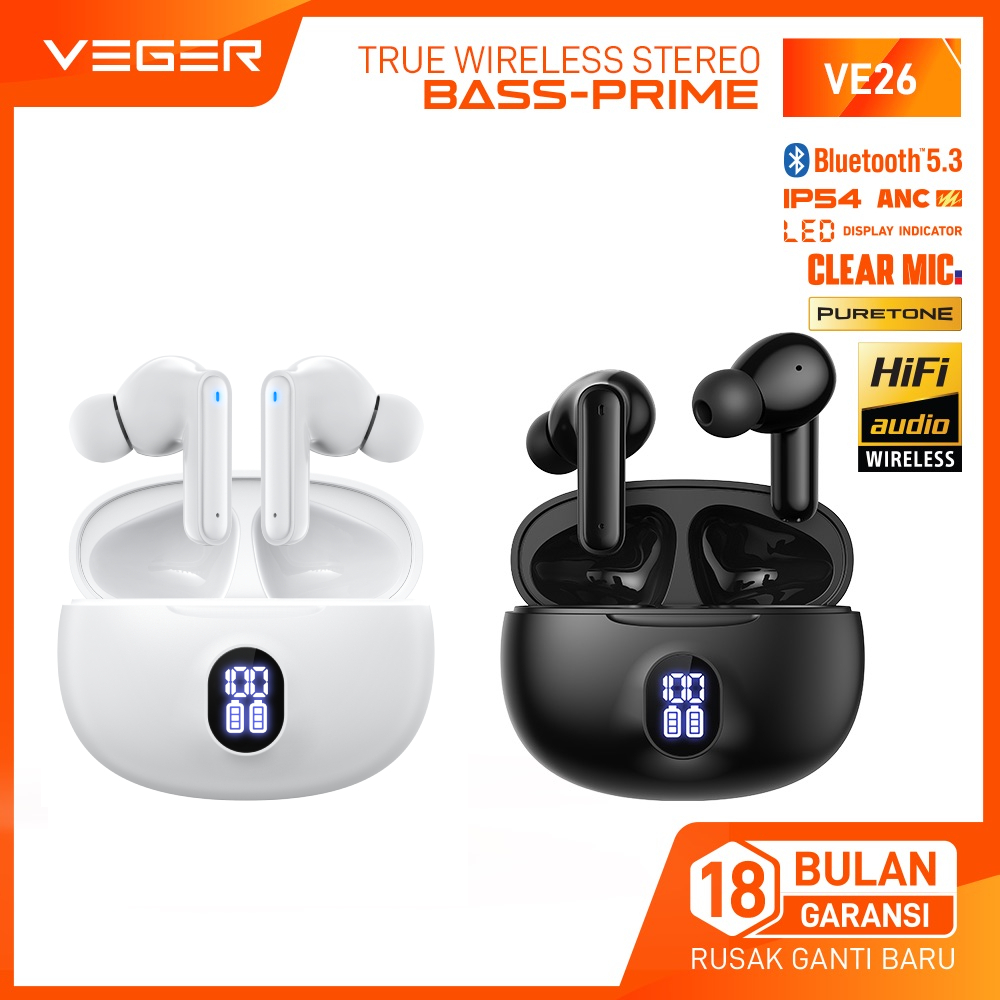 VEGER VE26 2026 TWS Earphone Bluetooth 5.3 ANC Bass Prime Headset LED Display IP54 Waterproof