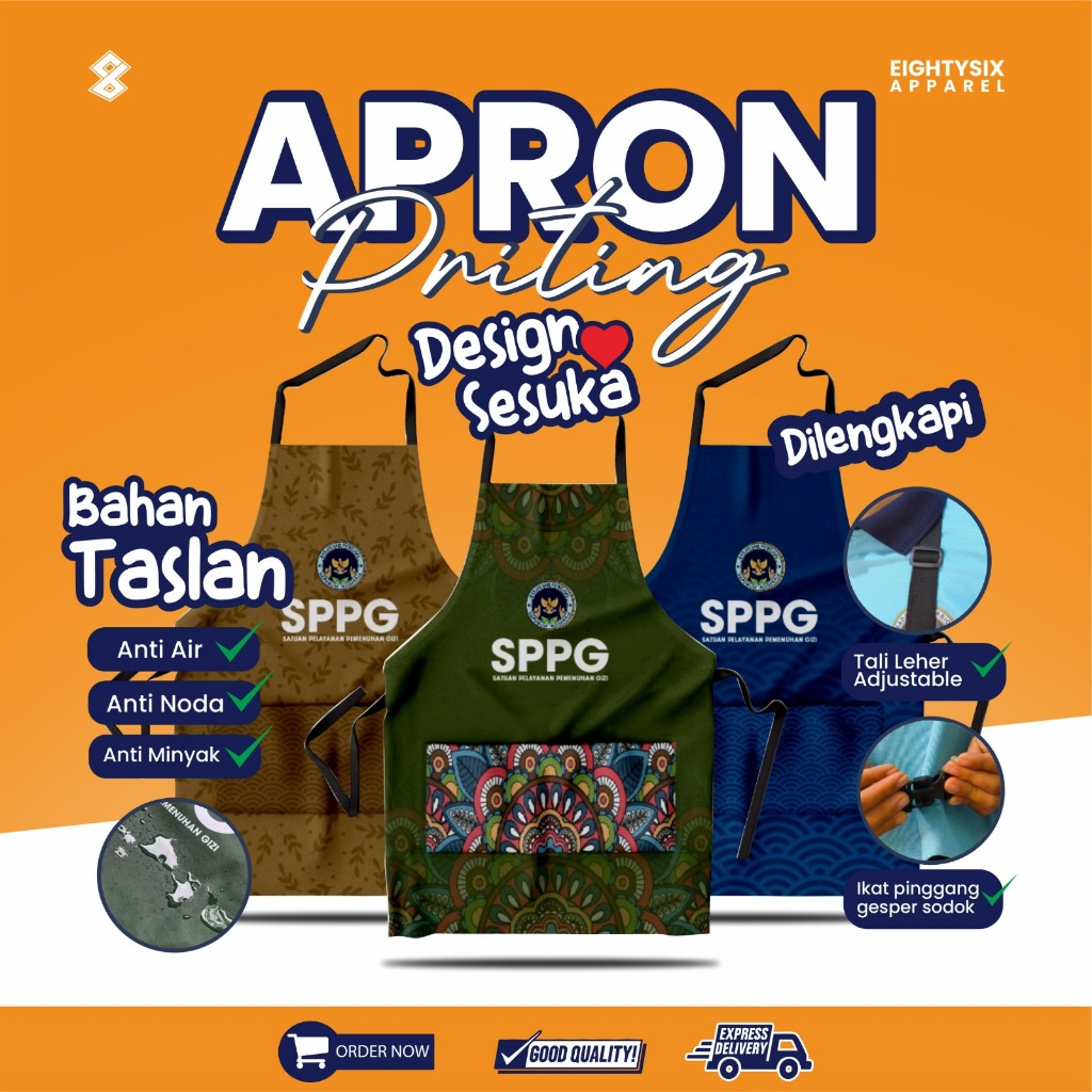 APRON / CELEMEK BAHAN TASLAN TEBAL ANTI AIR & MINYAK | PRINTING CUSTOM LOGO & NAMA | DAPUR SPPG MBG 