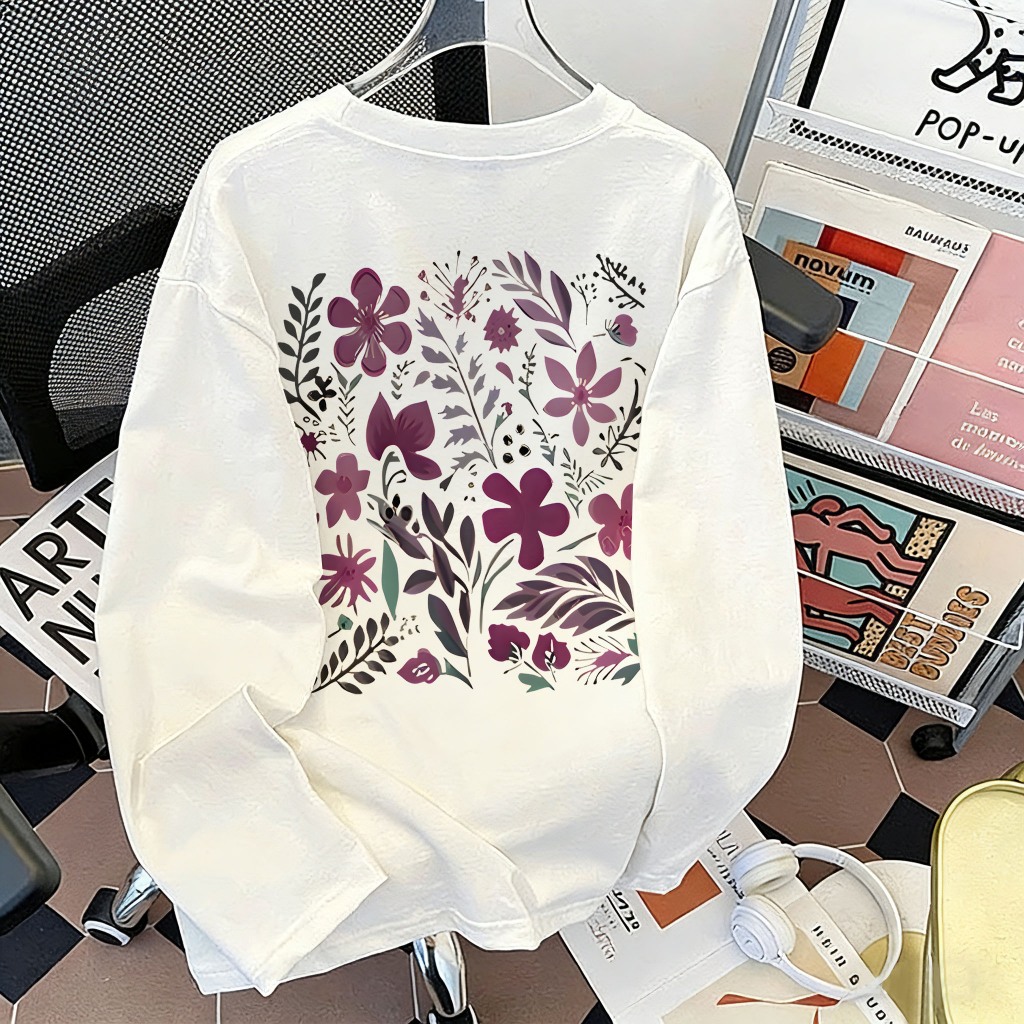 [COD] ANNI Kaos Lengan Panjang Oversize Pria Dan Wanita Putih Basic Bunga ungu print 2.05