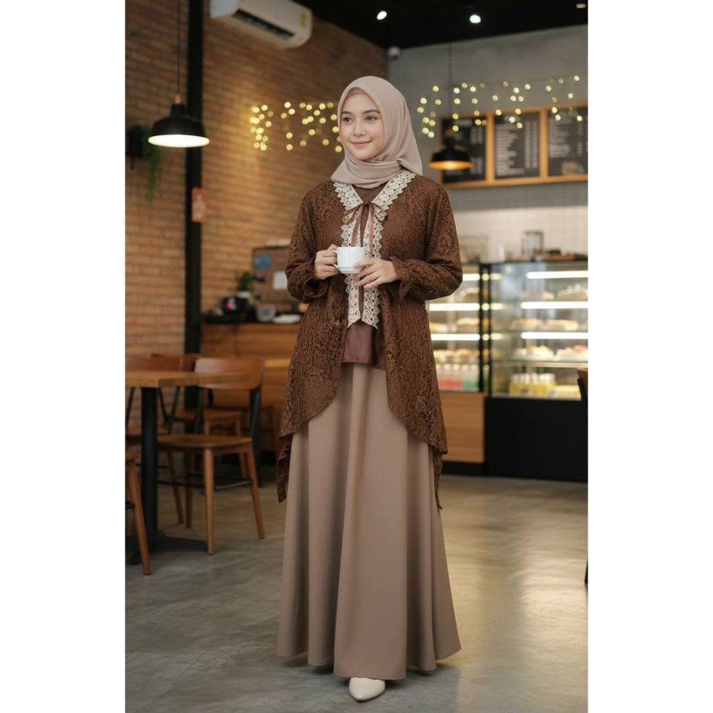 Set Outer Wiza Cardigan Brukat Lengan Panjang Rok Scuba Inner Manset Lengan Panjang Outer Kondangan