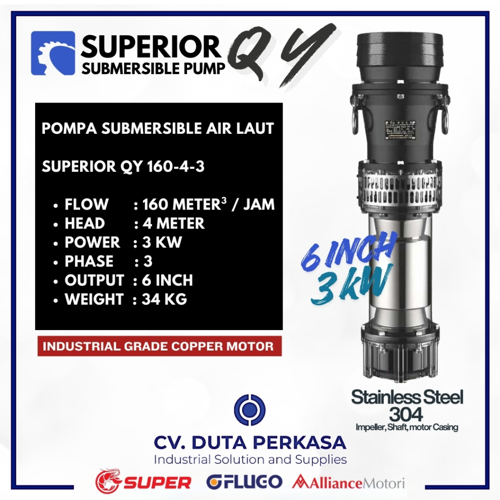 Pompa Celup Tambak Udang Ikan 6 Inch Pompa Submersible air laut Stainless Superior QY