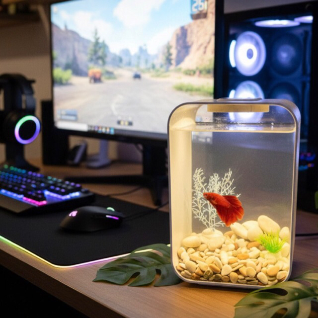 Aquarium unik dengan Lampu warm White (Kuning)Aquarium Aesthetic/Akuarium mini/Akuarium Cupang