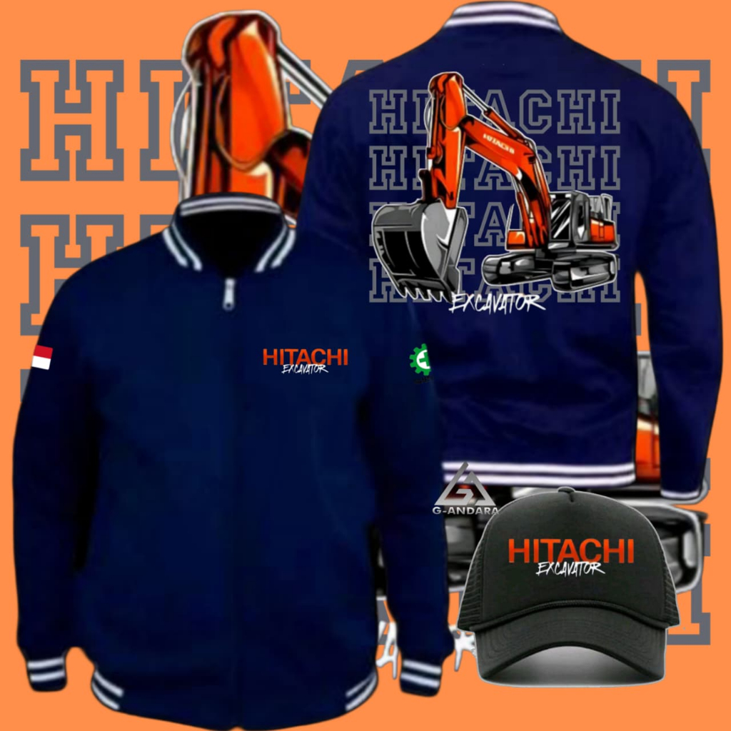 JAKET VARSITY DAN TOPI EXCAVATOR HITACHI DESAIN SIMPLE TERBARU