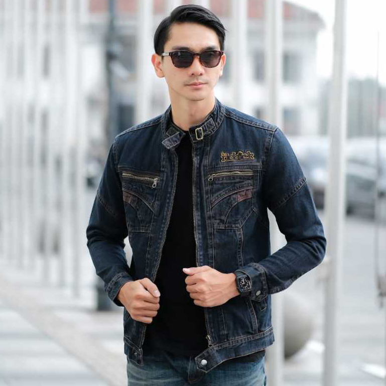 JAKET JEANS PRIA KERAH TINGGI RESLETING JAKET JEANS COWOK TB BANDUNG MURAH JEANS BOMBER
