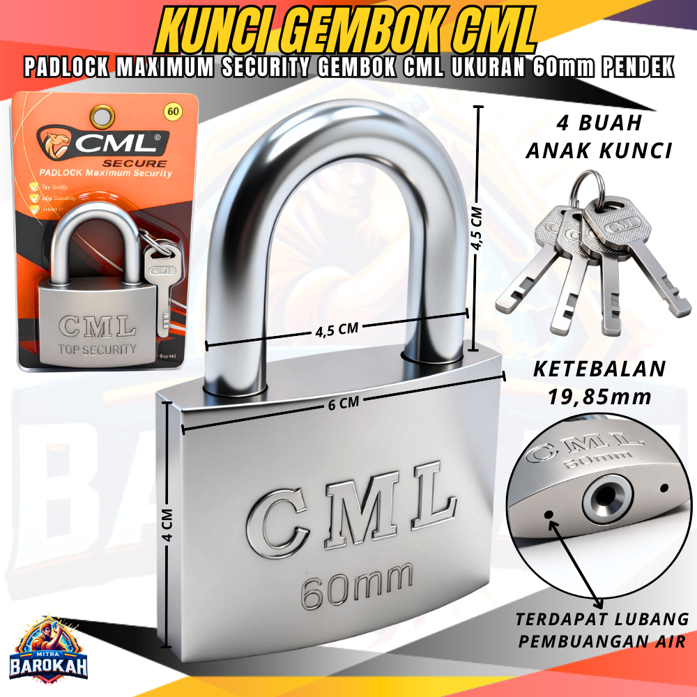 Kunci Gembok CML Leher Pendek Ukuran 60mm / Kunci Pintu Rumah CML 3 Anak Kunci / Kunci Pintu Pagar U