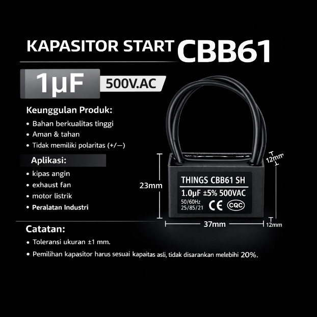 Kapasitor Kabel 500V CBB61 0,47uf, 0,68uf, 0,8uf, 1uf, 1,2uf, 1,5uf, 1,8uf, 2uf, 2,5uf, 3uf, 3,3uf, 